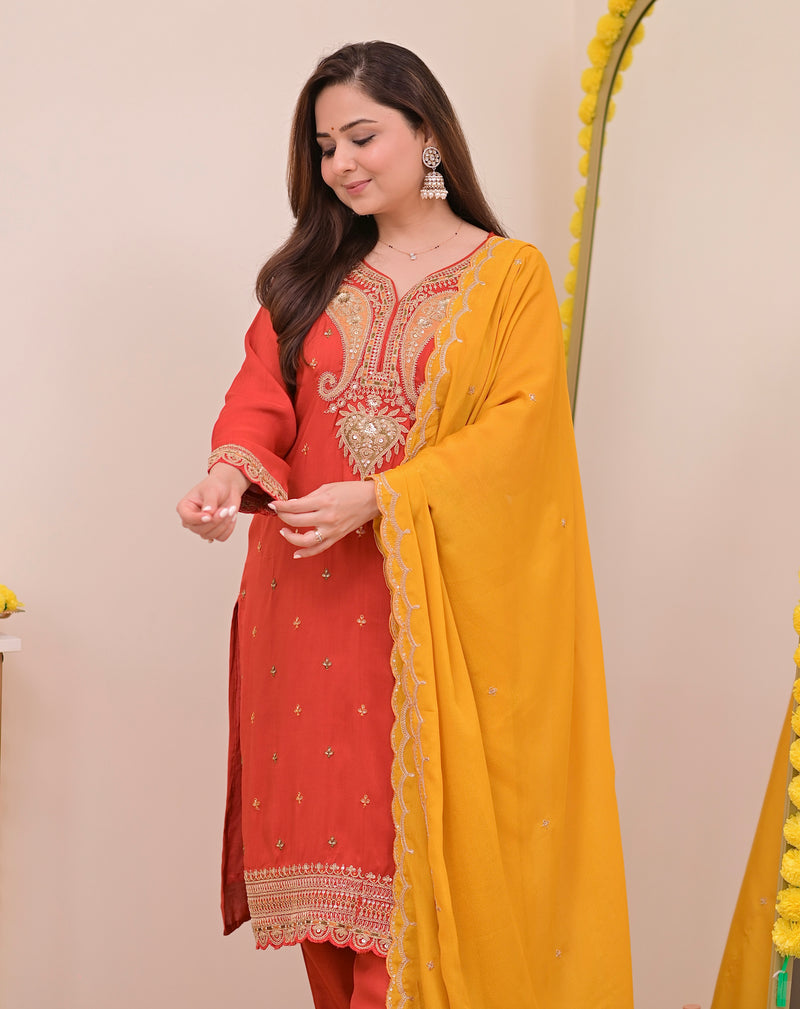 Tangerine Glow Paisley Chanderi Silk Handwork Festive Suit