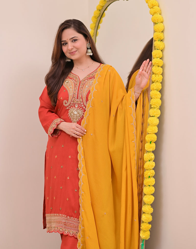 Tangerine Glow Paisley Chanderi Silk Handwork Festive Suit