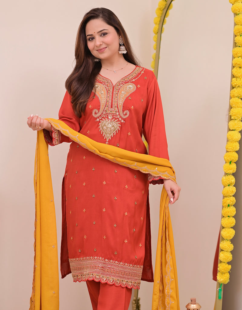Tangerine Glow Paisley Chanderi Silk Handwork Festive Suit
