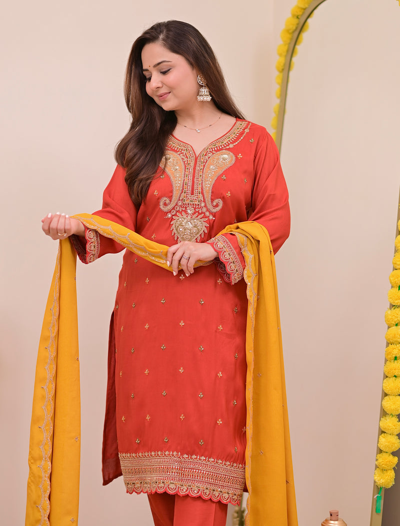 Tangerine Glow Paisley Chanderi Silk Handwork Festive Suit