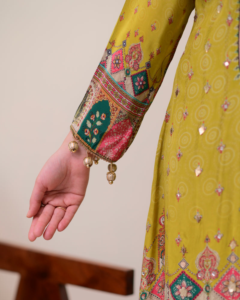 Greenish Yellow Crepe Handwork A Line Festive Suit