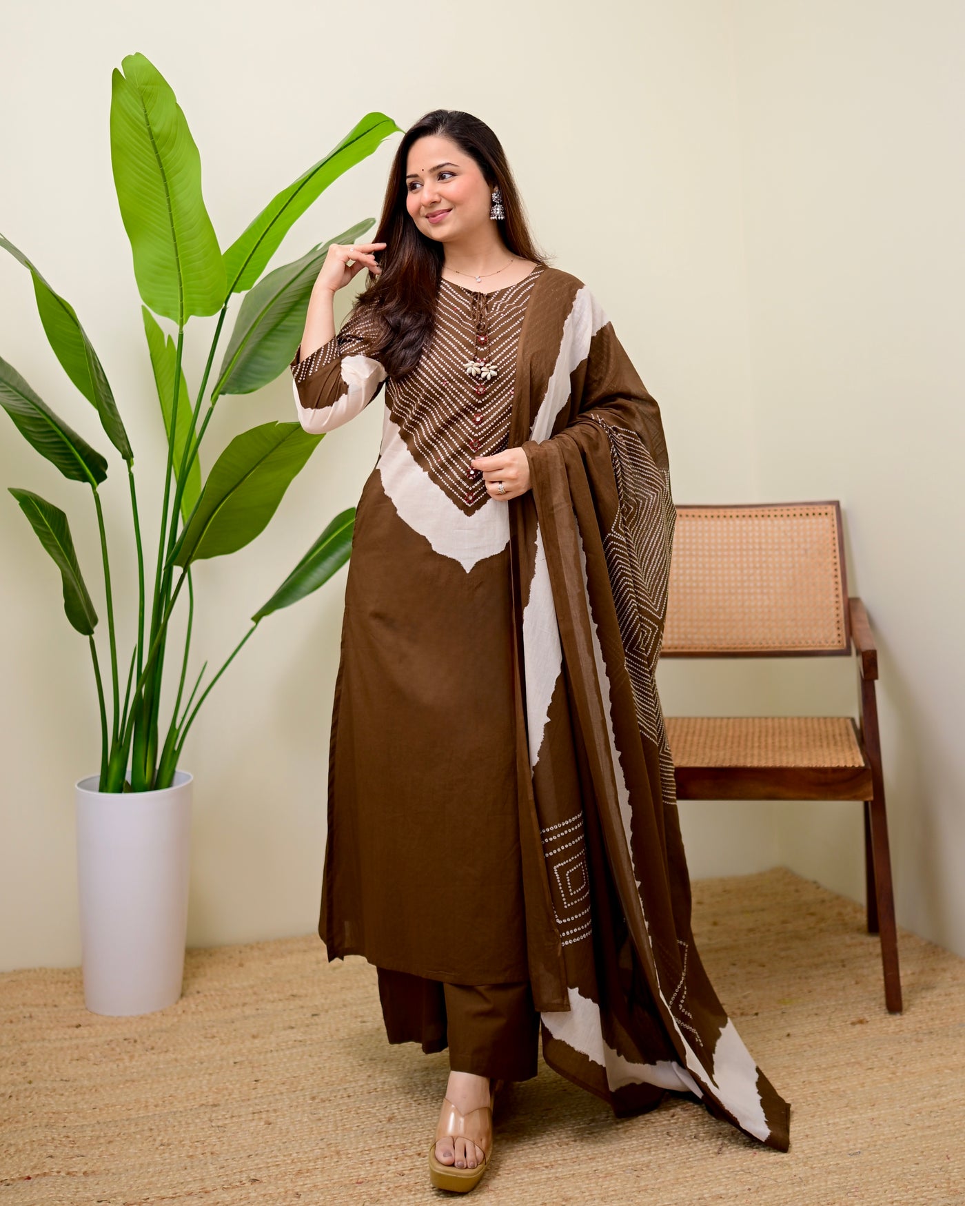Mocha Bandhej Bloom Cotton Palazzo Suit