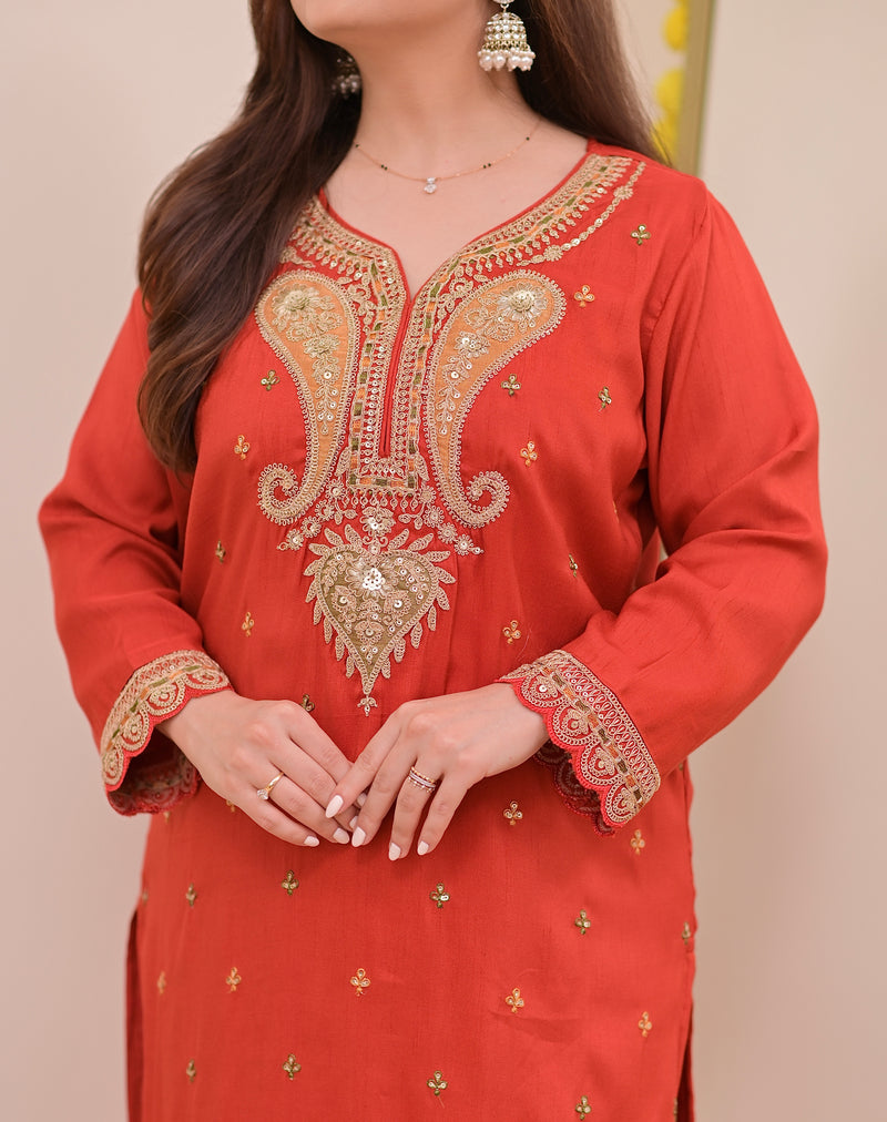 Tangerine Glow Paisley Chanderi Silk Handwork Festive Suit