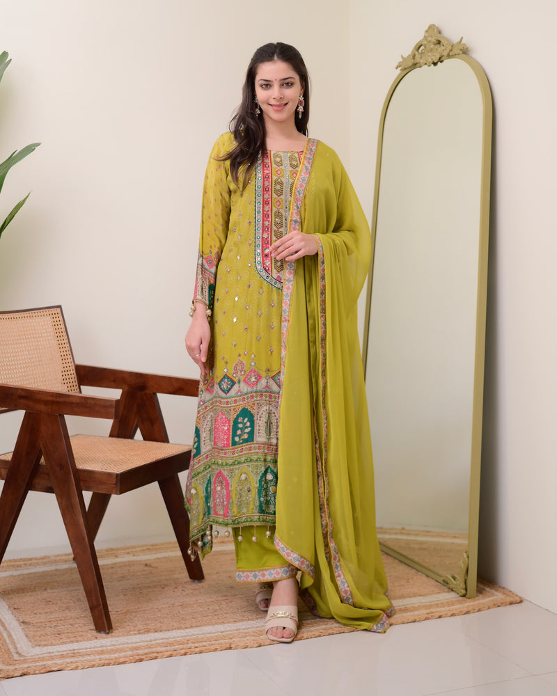 Greenish Yellow Crepe Handwork A Line Festive Suit