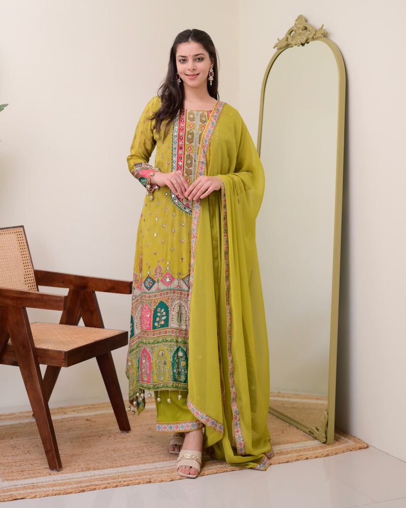 Greenish Yellow Crepe Handwork A Line Festive Suit