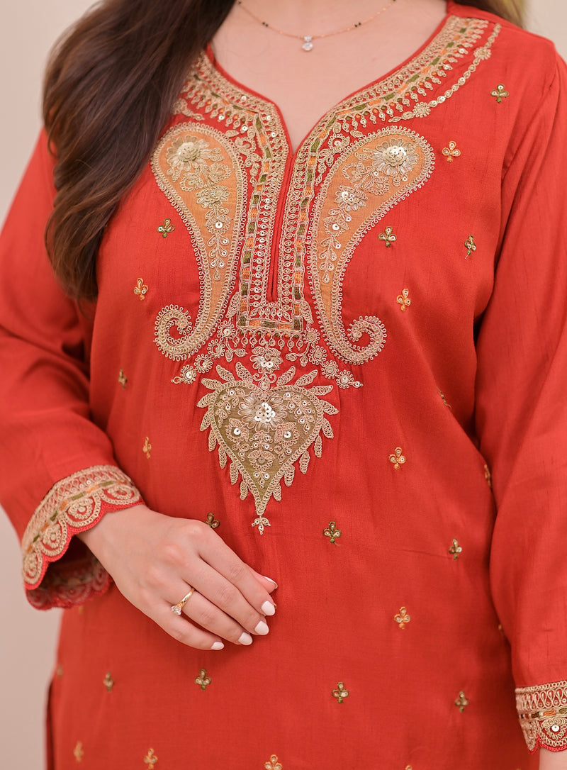 Tangerine Glow Paisley Chanderi Silk Handwork Festive Suit