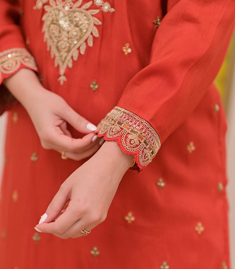 Tangerine Glow Paisley Chanderi Silk Handwork Festive Suit