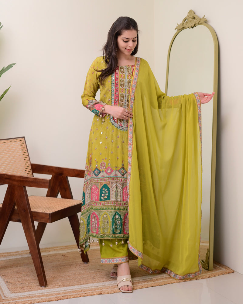 Greenish Yellow Crepe Handwork A Line Festive Suit
