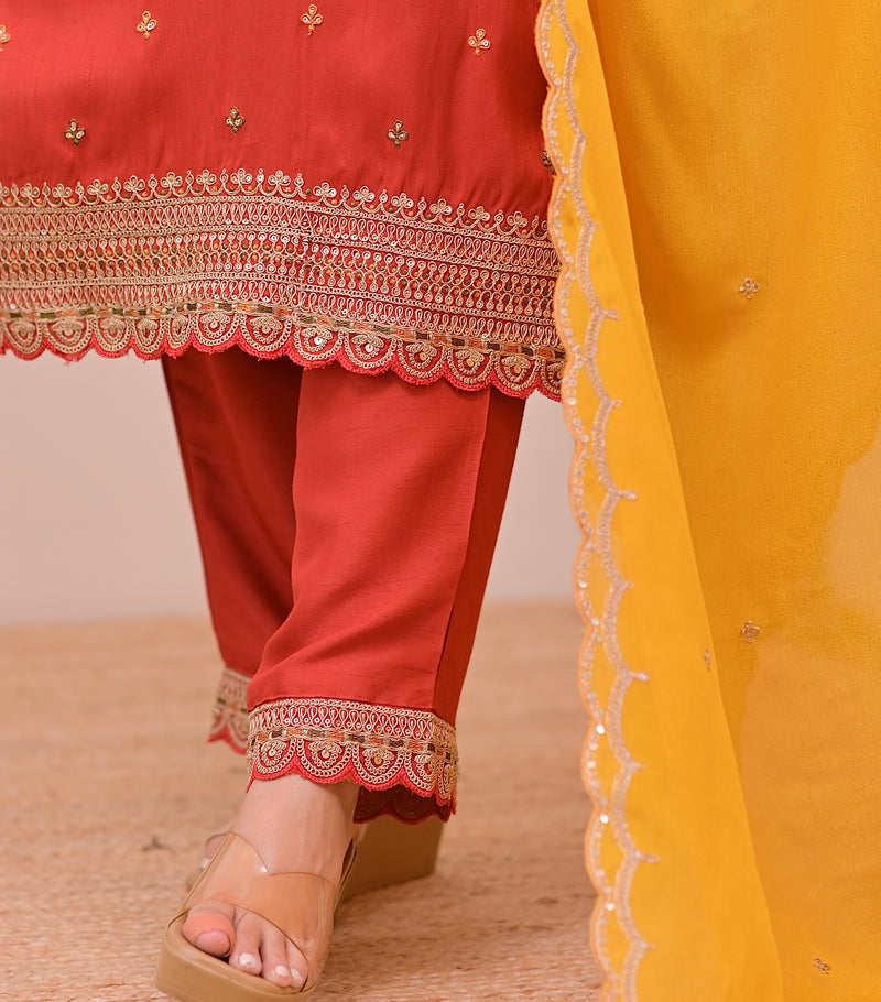 Tangerine Glow Paisley Chanderi Silk Handwork Festive Suit