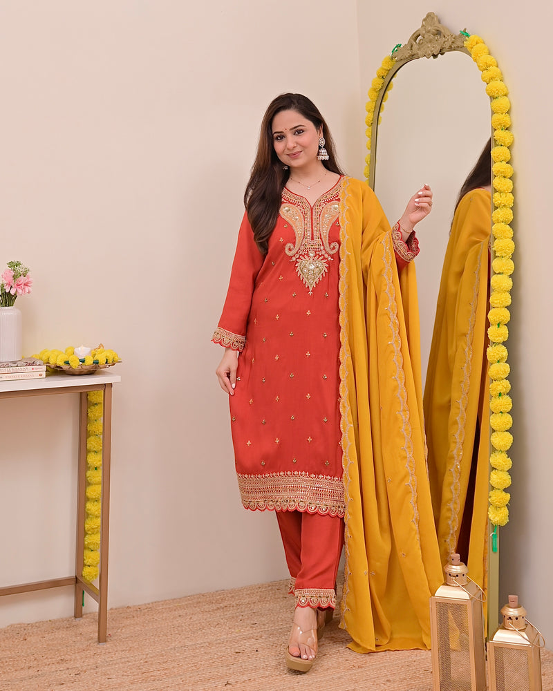 Tangerine Glow Paisley Chanderi Silk Handwork Festive Suit