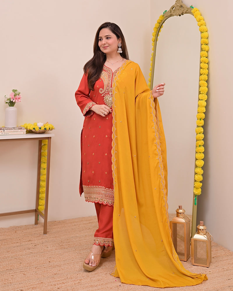 Tangerine Glow Paisley Chanderi Silk Handwork Festive Suit