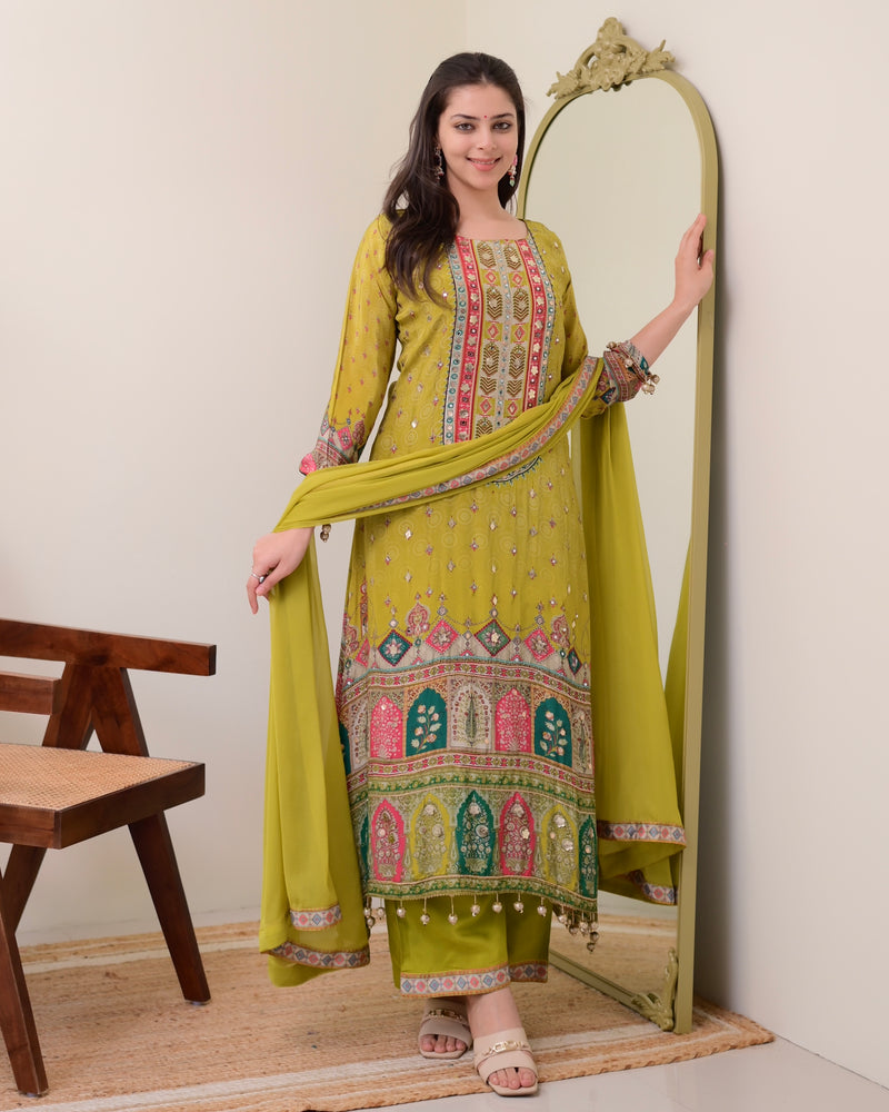 Greenish Yellow Crepe Handwork A Line Festive Suit