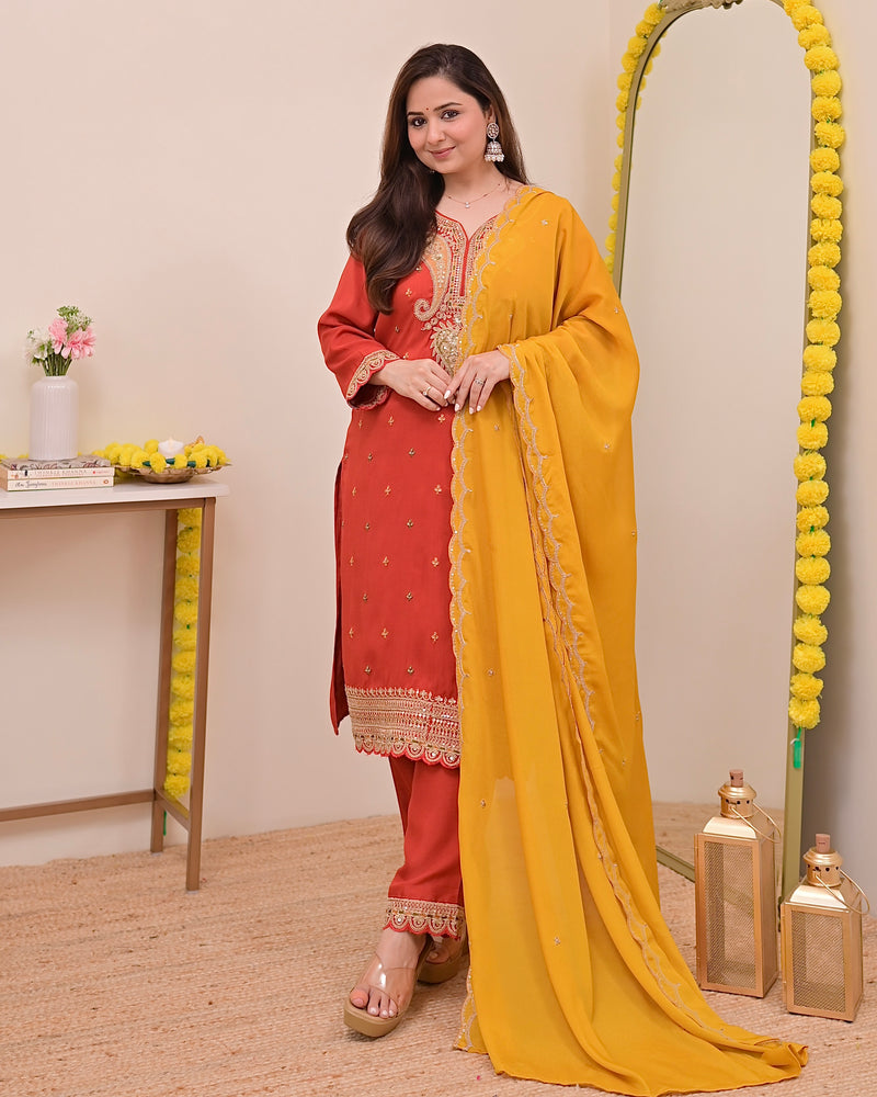 Tangerine Glow Paisley Chanderi Silk Handwork Festive Suit