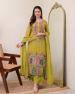 Greenish Yellow Crepe Handwork A Line Festive Suit