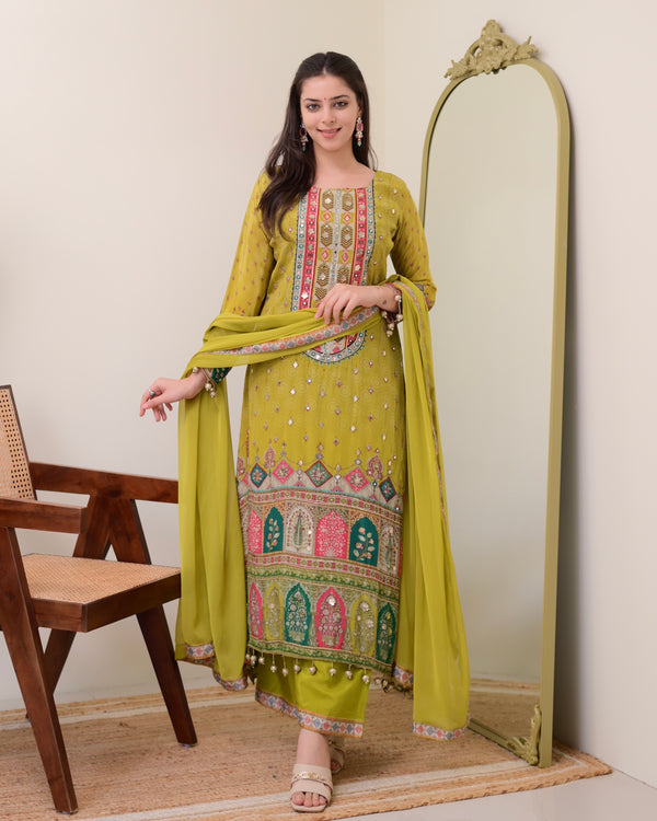 Greenish Yellow Crepe Handwork A Line Festive Suit