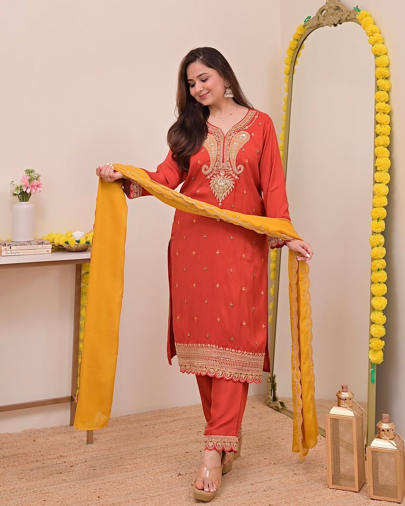 Tangerine Glow Paisley Chanderi Silk Handwork Festive Suit