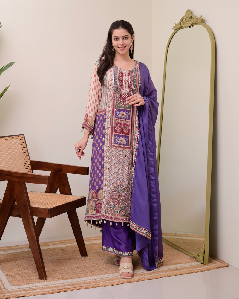 Lavender Crepe Handwork A Line Festive Suit