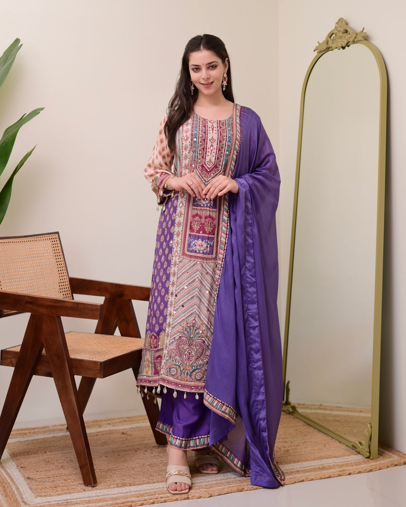 Lavender Crepe Handwork A Line Festive Suit
