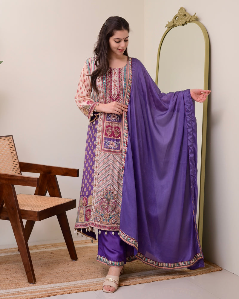 Lavender Crepe Handwork A Line Festive Suit
