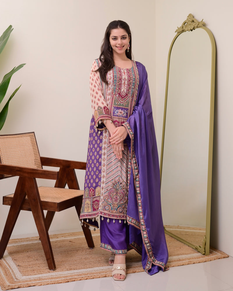 Lavender Crepe Handwork A Line Festive Suit
