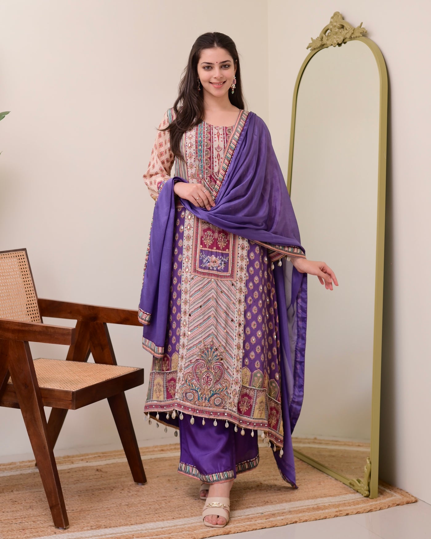 Lavender Crepe Handwork A Line Festive Suit