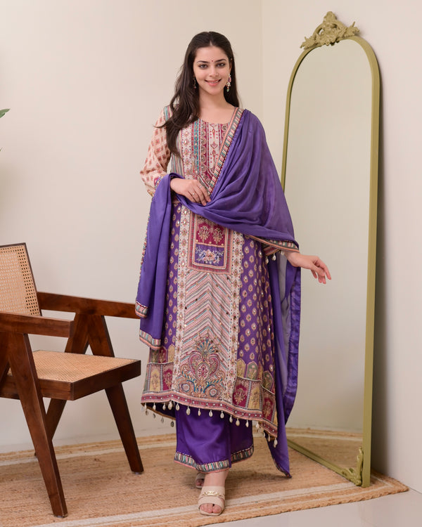 Lavender Crepe Handwork A Line Festive Suit