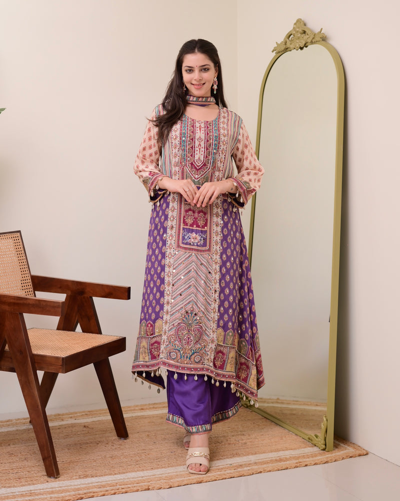 Lavender Crepe Handwork A Line Festive Suit