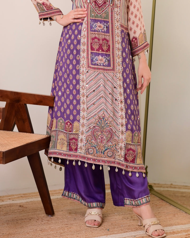Lavender Crepe Handwork A Line Festive Suit