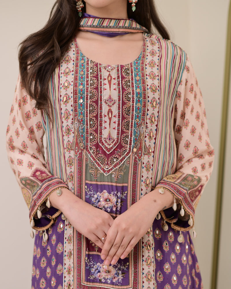 Lavender Crepe Handwork A Line Festive Suit