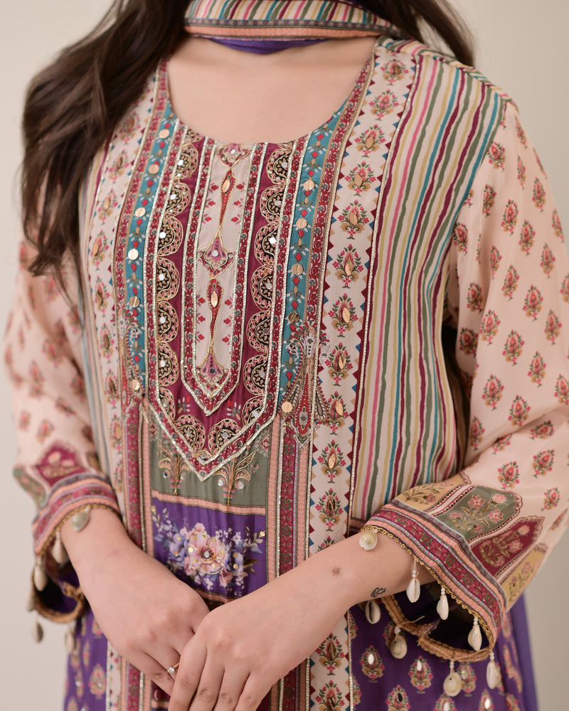 Lavender Crepe Handwork A Line Festive Suit