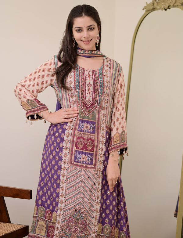 Lavender Crepe Handwork A Line Festive Suit
