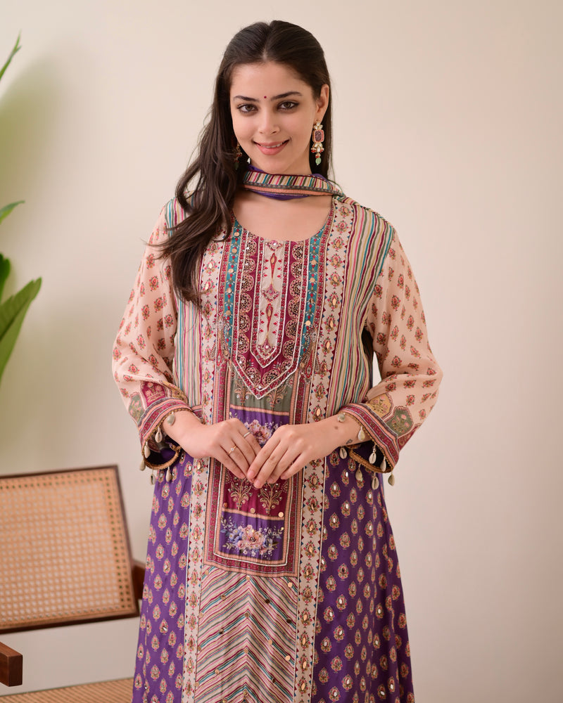 Lavender Crepe Handwork A Line Festive Suit