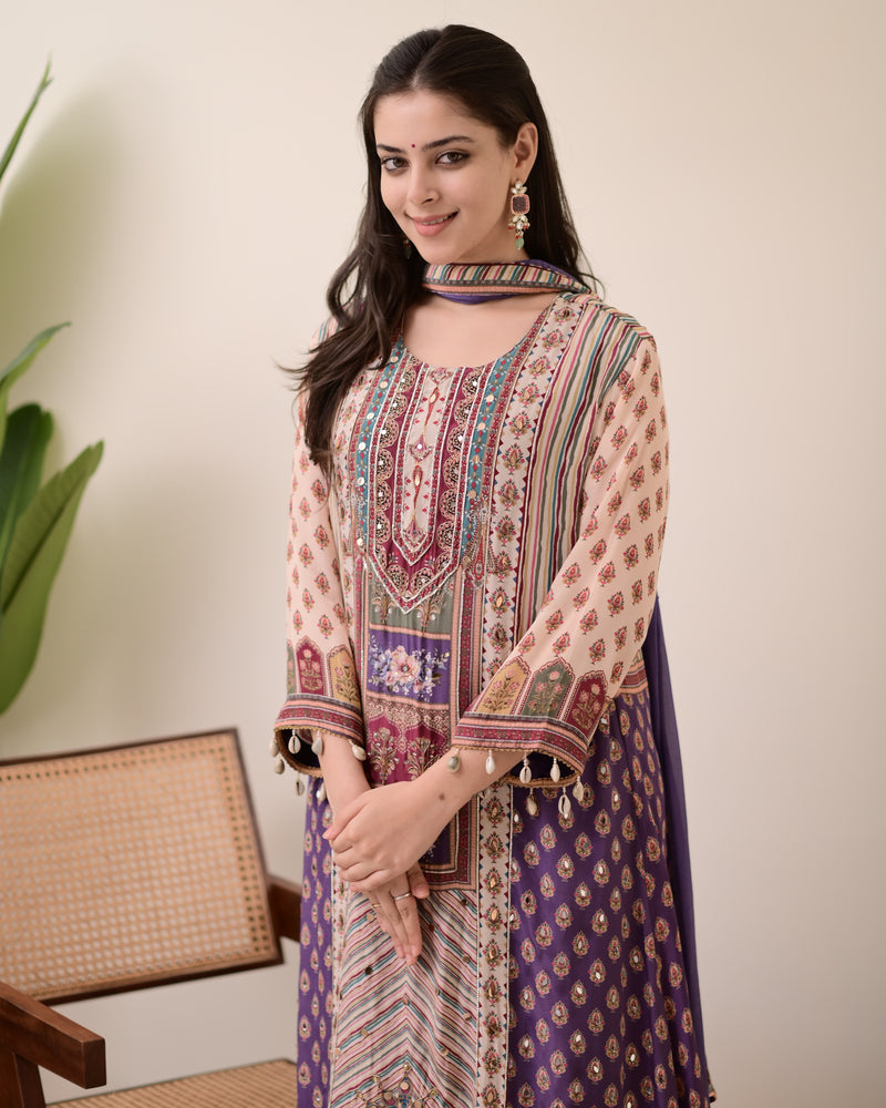 Lavender Crepe Handwork A Line Festive Suit