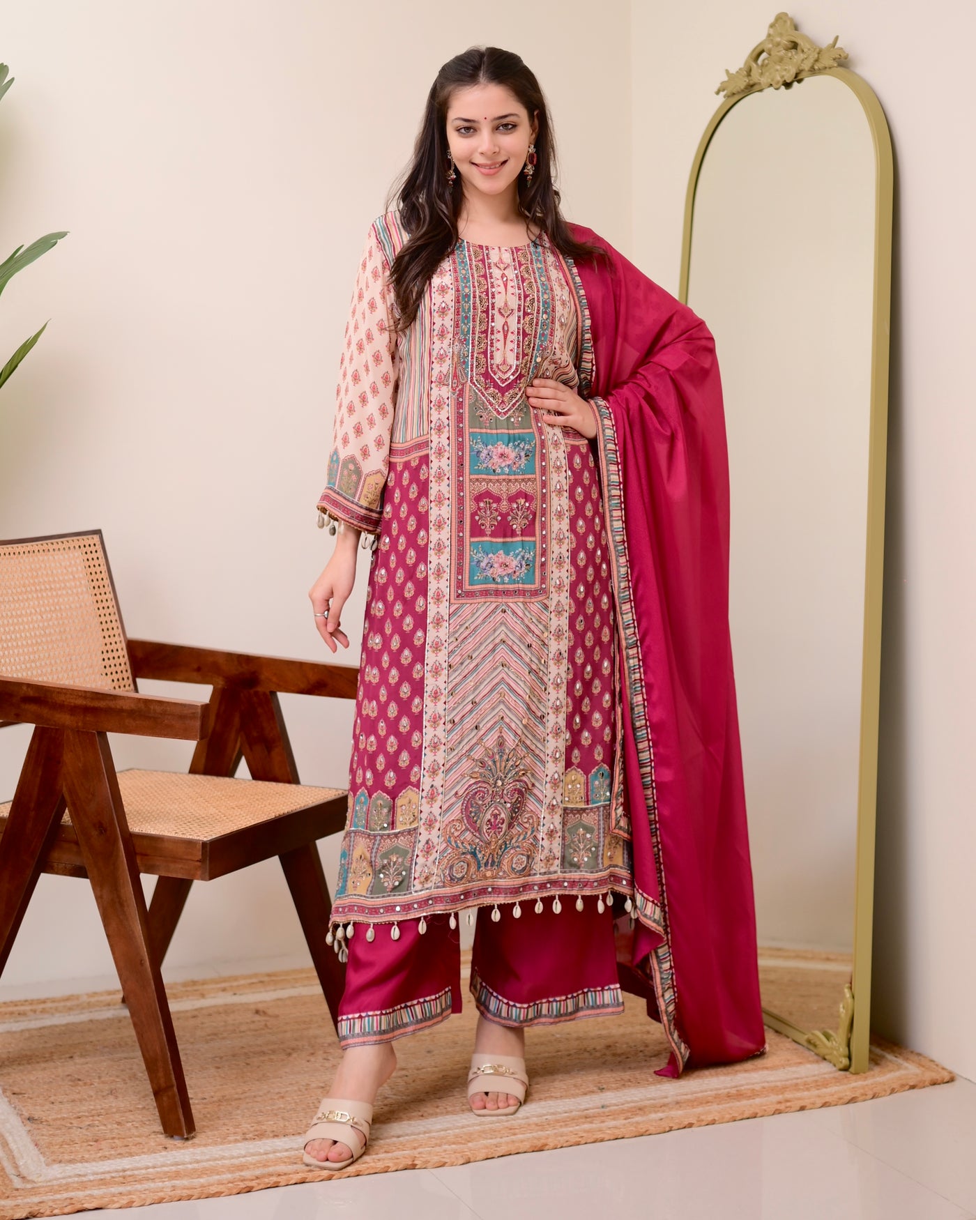 Maroon Crepe Handwork A Line Festive Suit