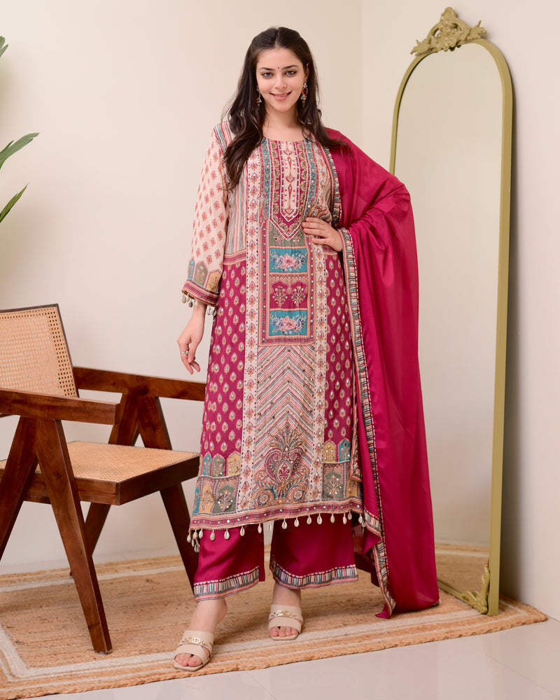 Maroon Crepe Handwork A Line Festive Suit