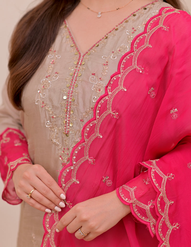 Champagne Charm Chanderi Silk Handwork Festive Suit