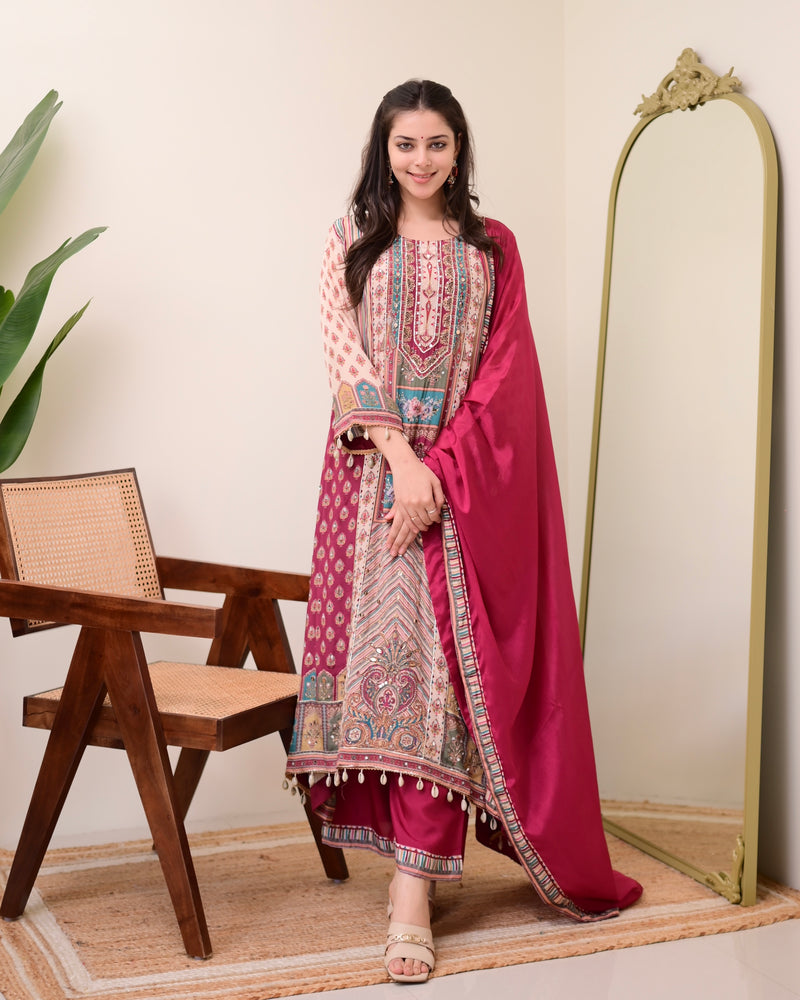 Maroon Crepe Handwork A Line Festive Suit