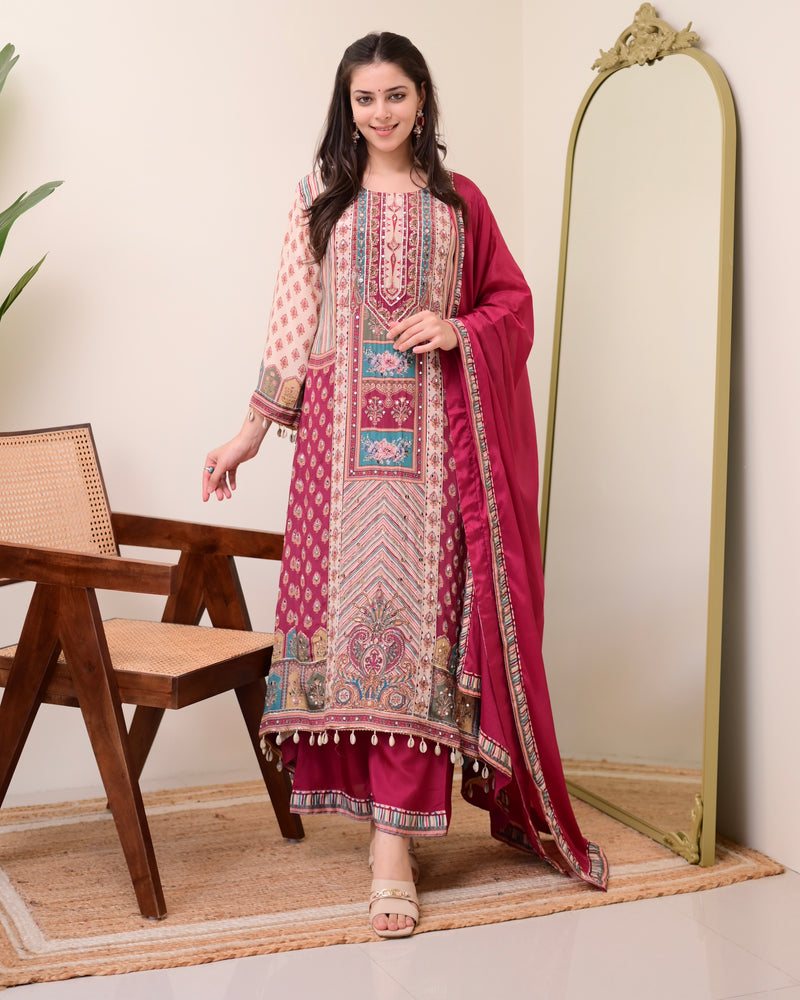 Maroon Crepe Handwork A Line Festive Suit