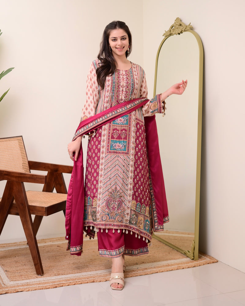 Maroon Crepe Handwork A Line Festive Suit