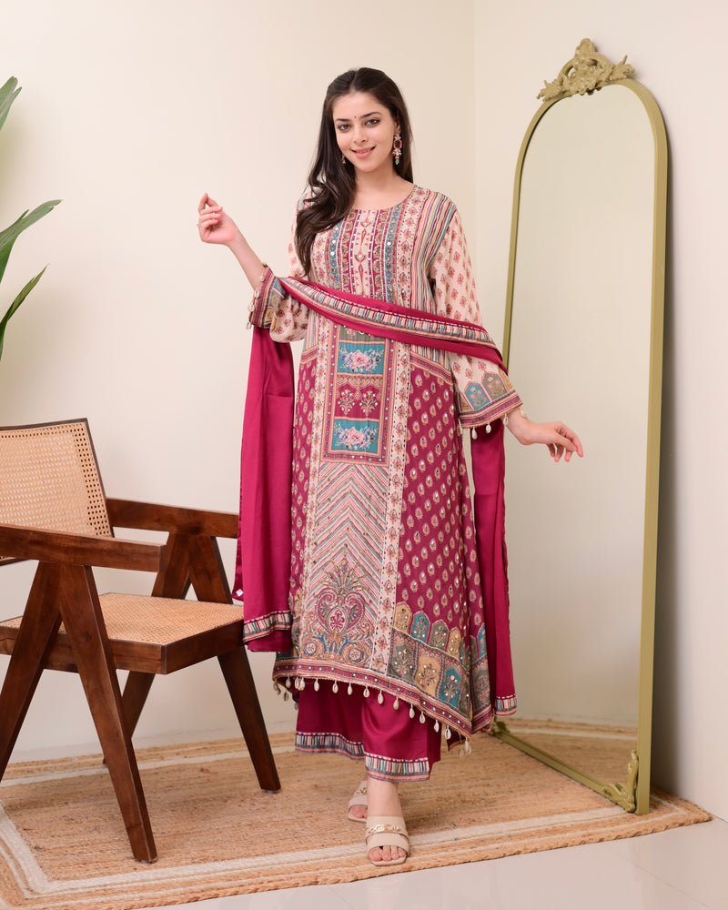 Maroon Crepe Handwork A Line Festive Suit