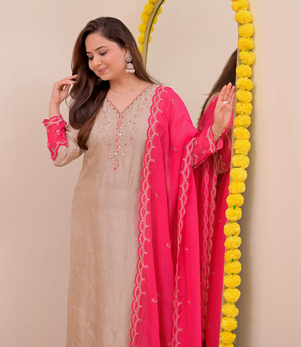 Champagne Charm Chanderi Silk Handwork Festive Suit