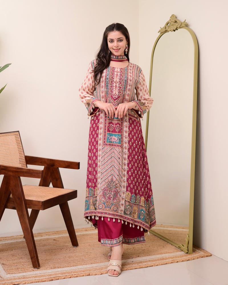 Maroon Crepe Handwork A Line Festive Suit
