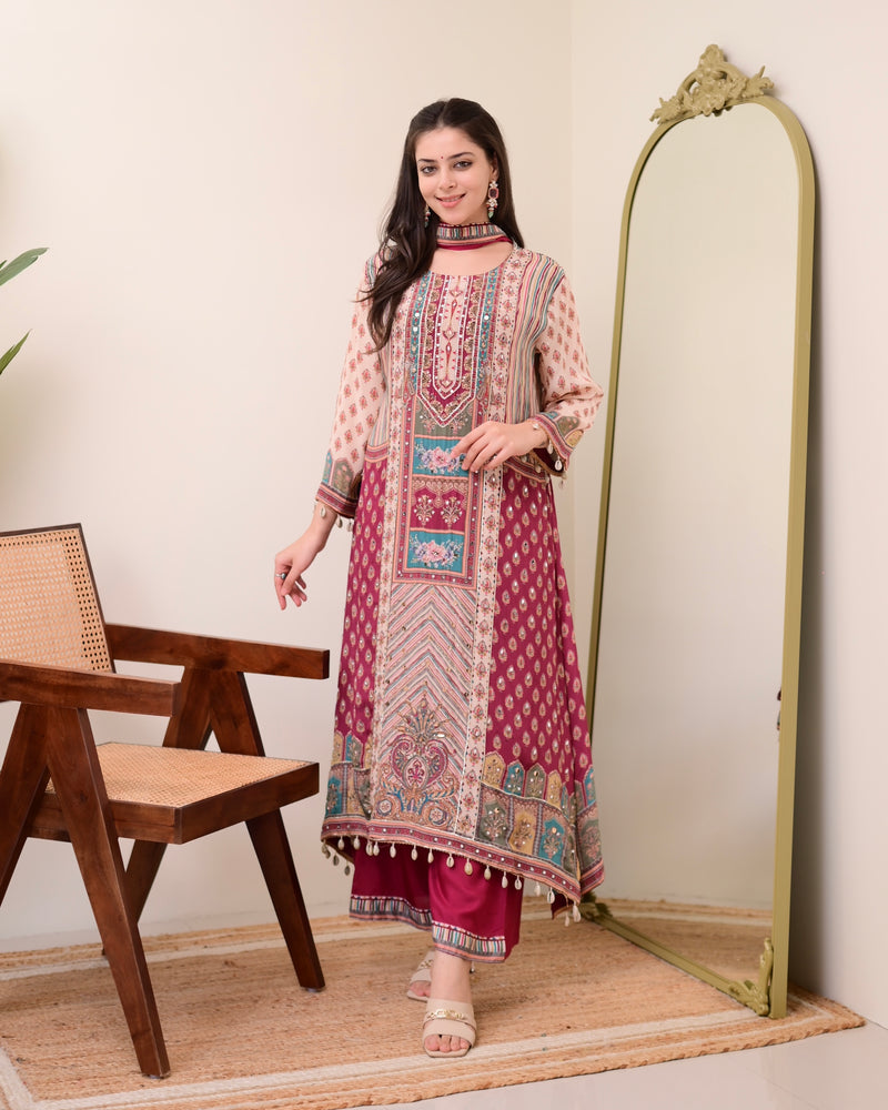 Maroon Crepe Handwork A Line Festive Suit
