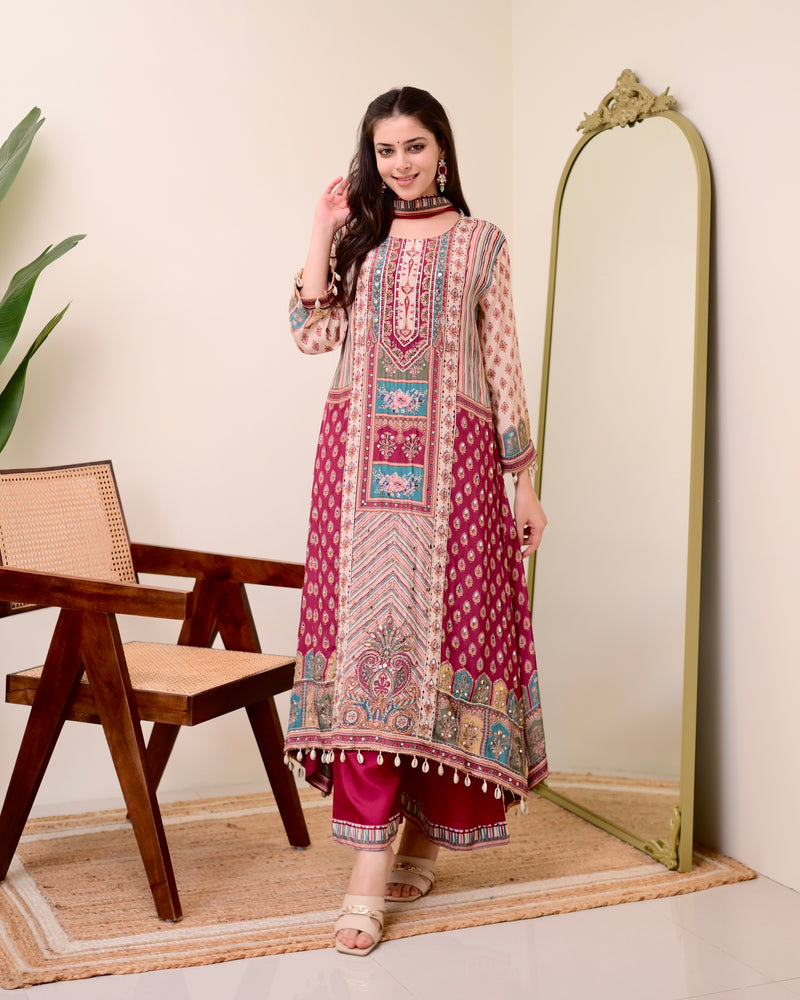 Maroon Crepe Handwork A Line Festive Suit