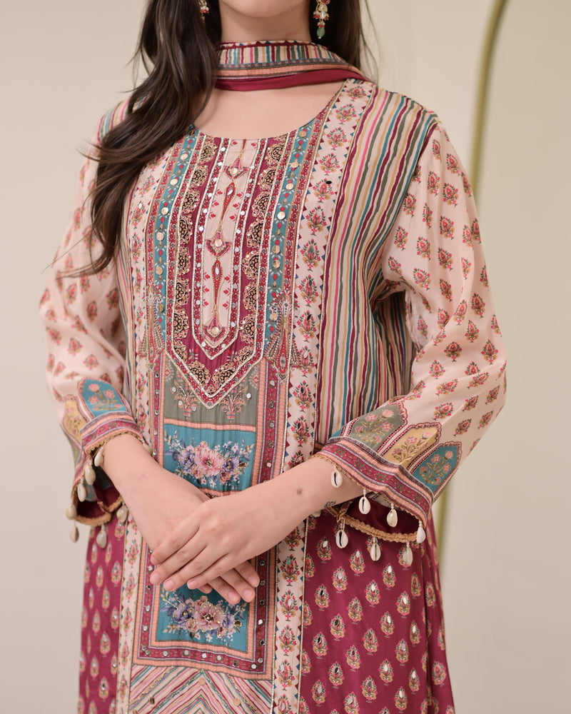 Maroon Crepe Handwork A Line Festive Suit