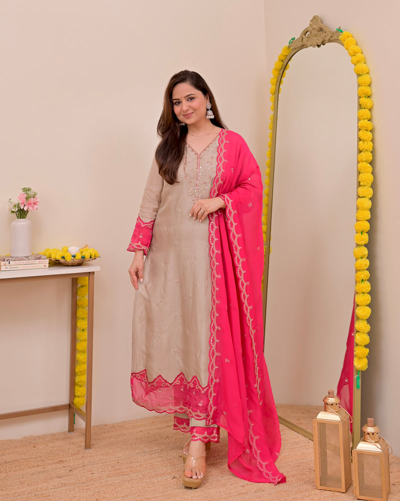 Champagne Charm Chanderi Silk Handwork Festive Suit