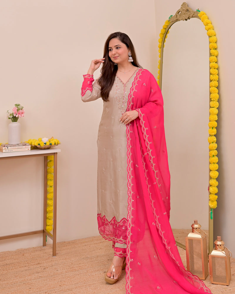 Champagne Charm Chanderi Silk Handwork Festive Suit