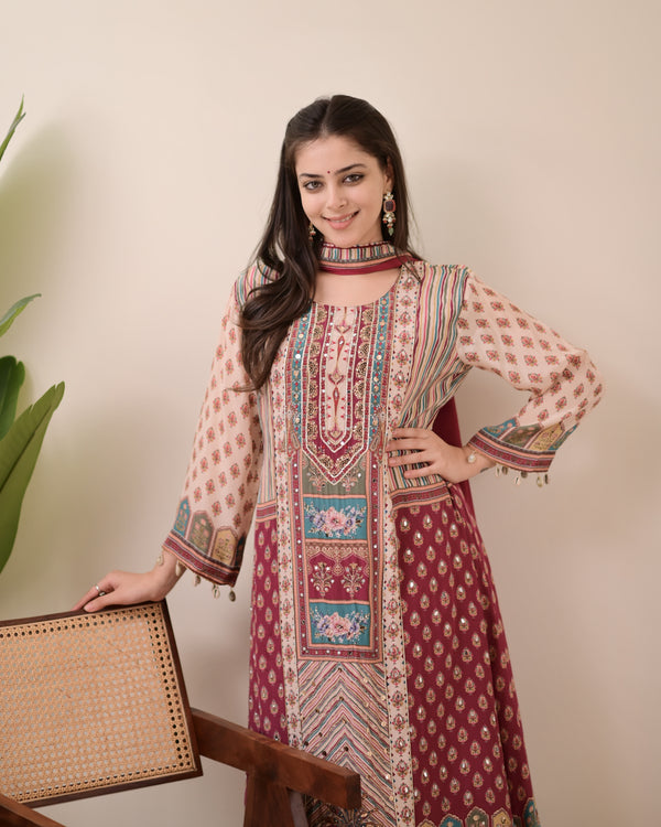 Maroon Crepe Handwork A Line Festive Suit