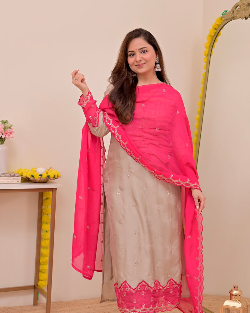 Champagne Charm Chanderi Silk Handwork Festive Suit