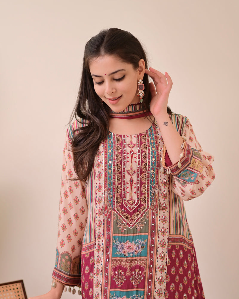 Maroon Crepe Handwork A Line Festive Suit
